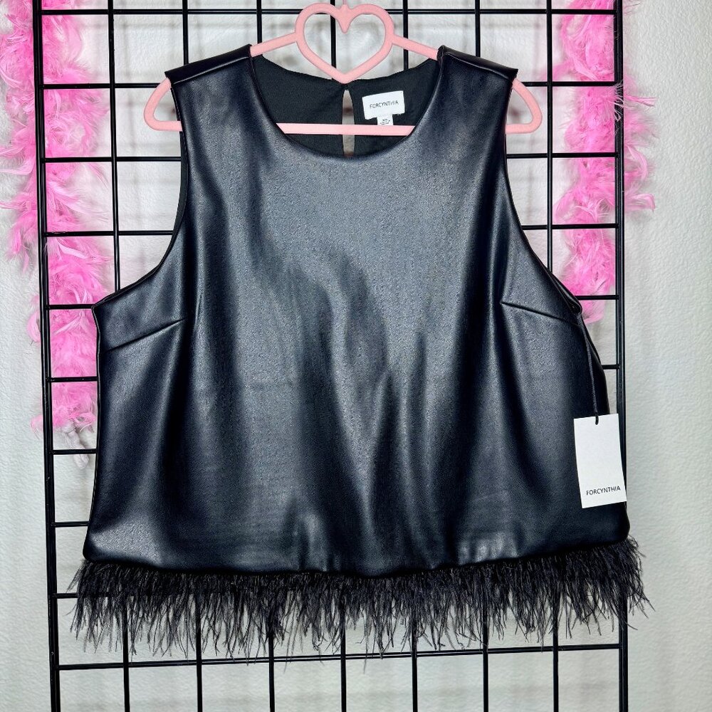 ForCynthia Black Faux Leather Feather Trim Tank Top